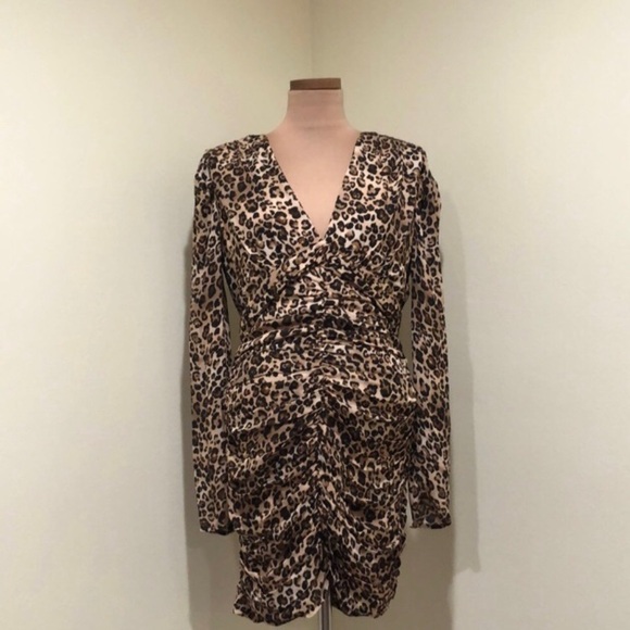 NEW NICHOLAS Gathered Party Dress Size US 2 Tan Leopard Ruched Long Sleeve - Picture 2 of 12